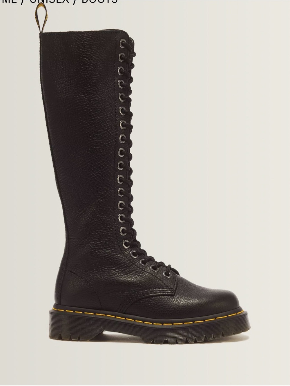 Dr. Martens Black Tall Lace-Up Combat Boots with Yellow Stitching